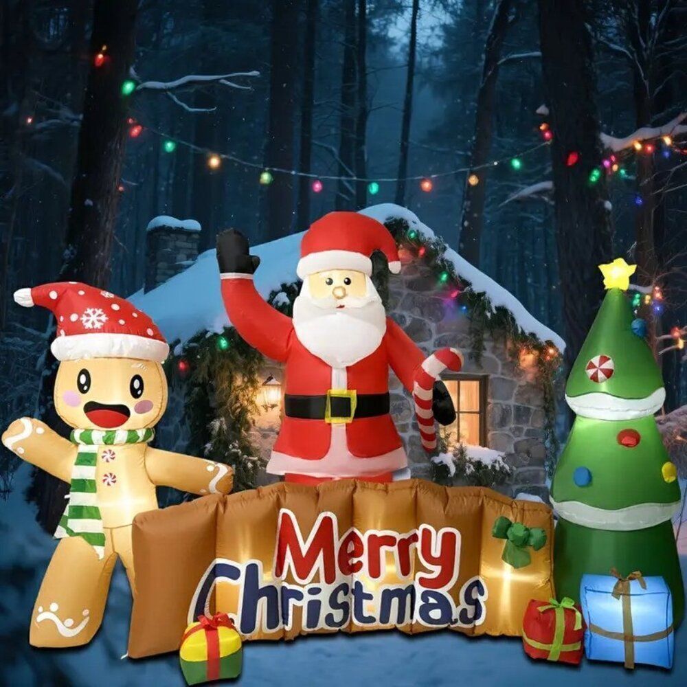 6' x 10' Merry Christmas Inflatable Banner Santa, Xmas Tree and Gingerbread Man
